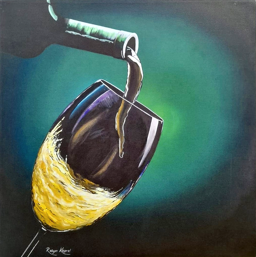 Robyn Kapral stretched canvas art print of white wine pouring from a bottle into a tilted glass against a turquoise green background