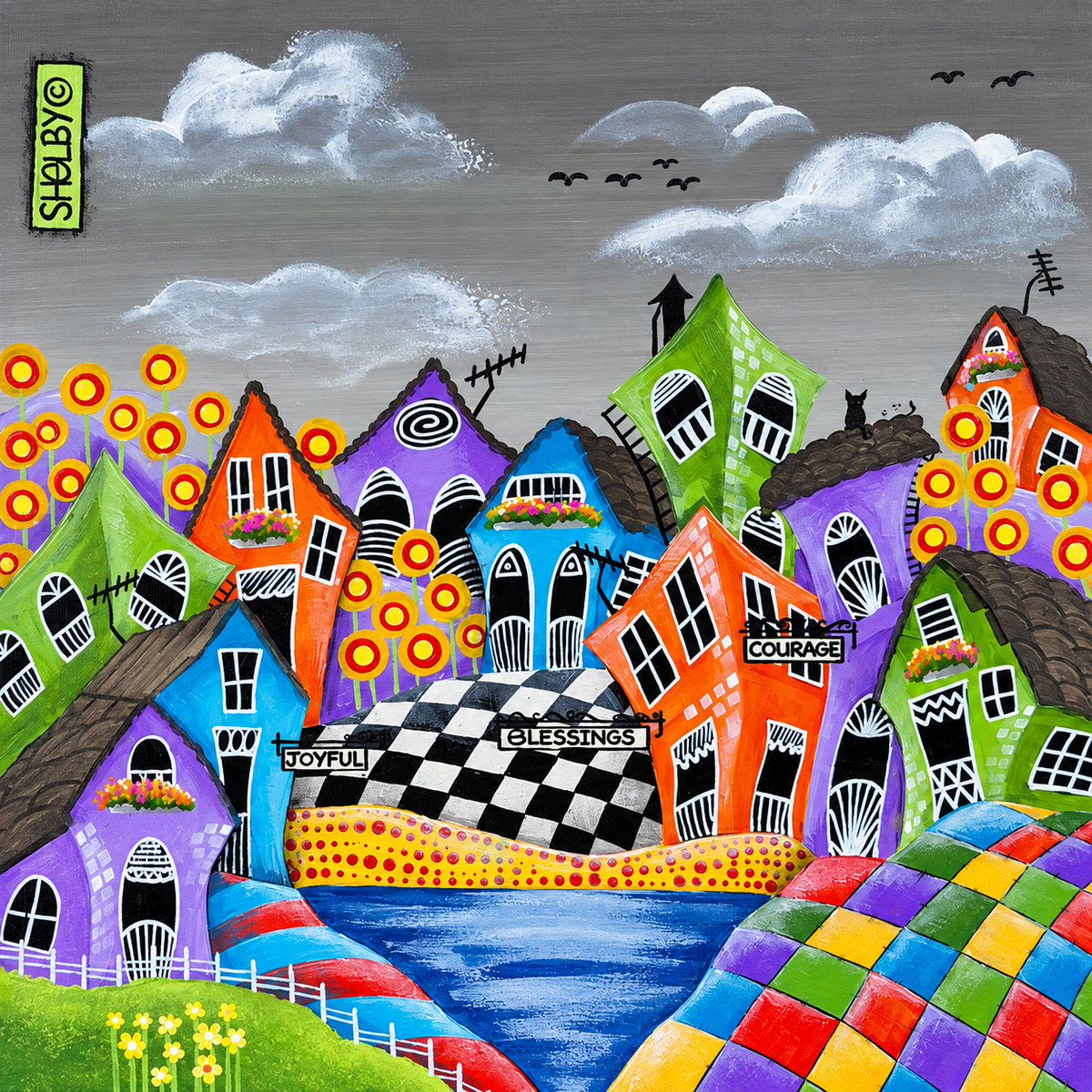 Shelby original artwork depicting a colourful whimsical village around blue water beneath a dramatic grey sky