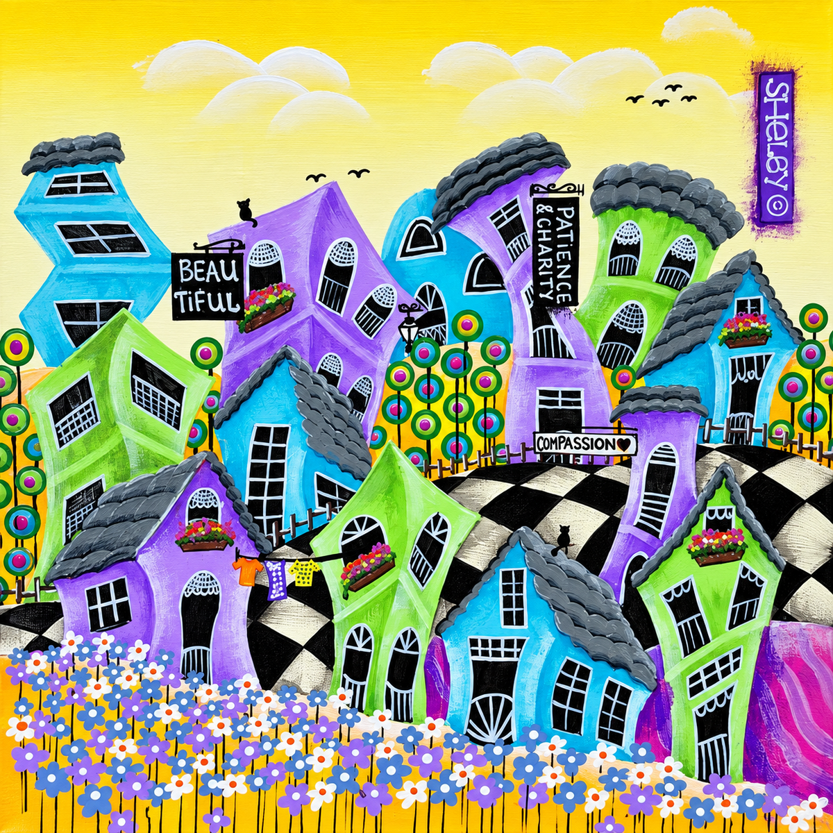 Shelby original artwork depicting a colourful whimsical village with crooked houses and checkerboard paths beneath a yellow sky