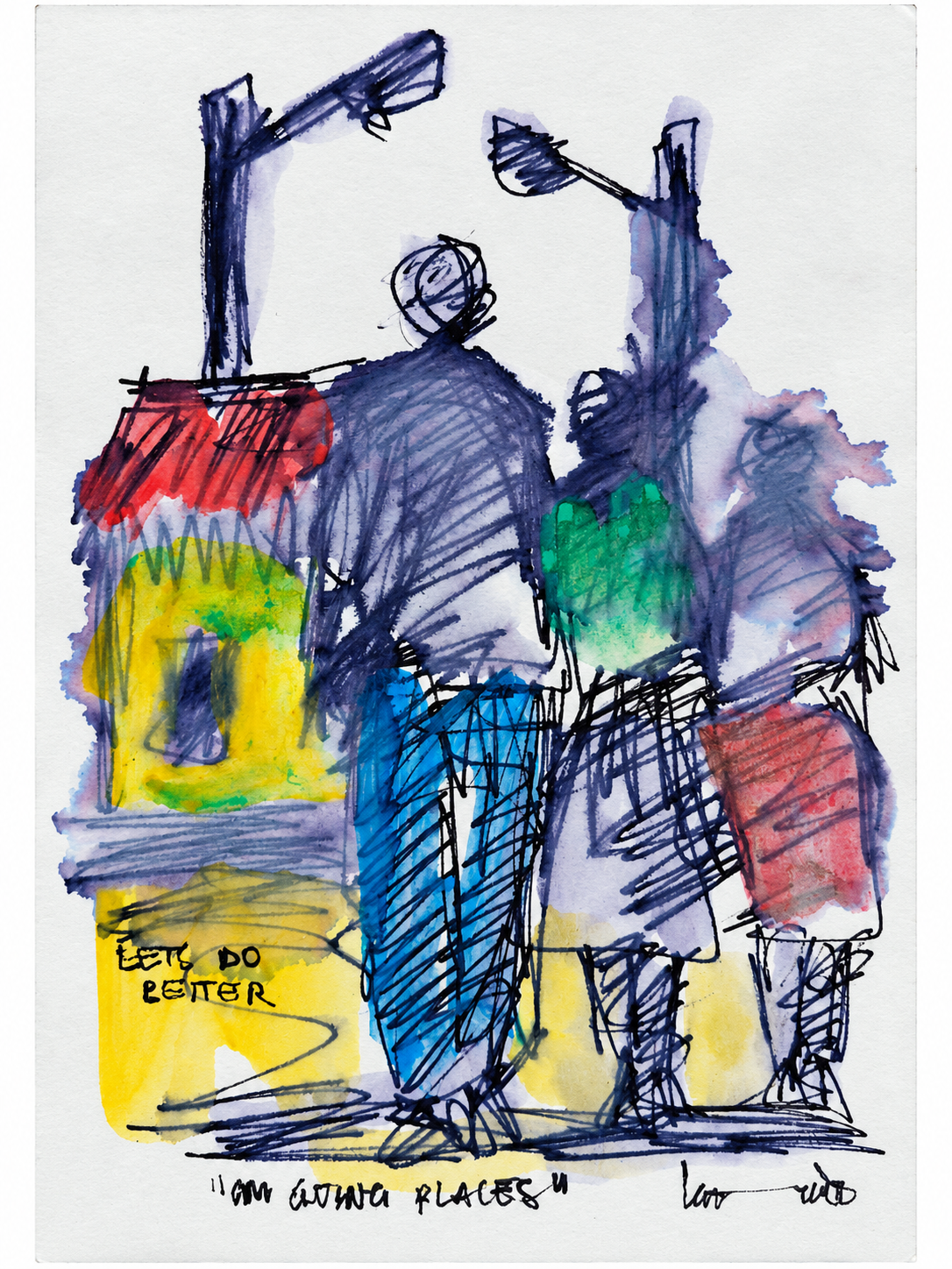 Thando Ngwenya original artwork showing three figures walking through a colourful township street beneath streetlights