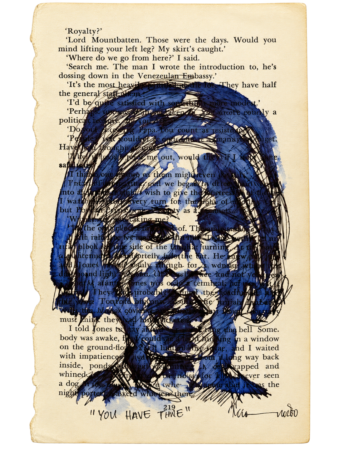 Thando Ngwenya original female portrait painted in expressive blue and black over a vintage book page