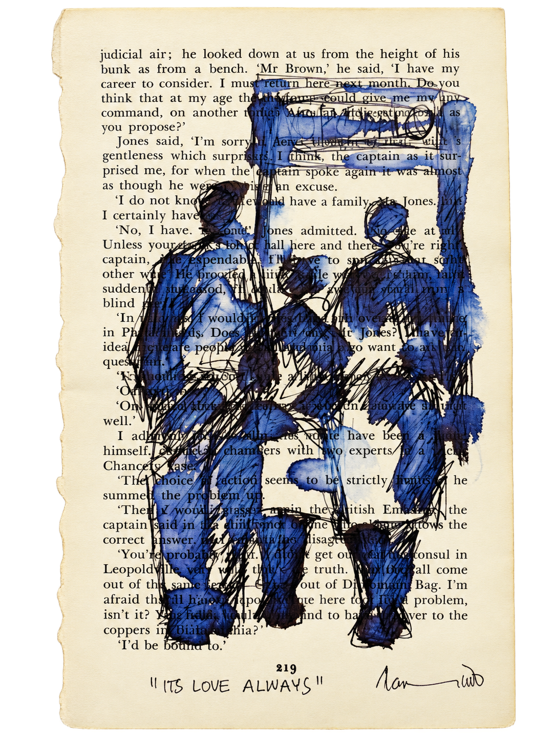 Thando Ngwenya original township artwork depicting a group of figures painted over a vintage book page and titled It's Love Always