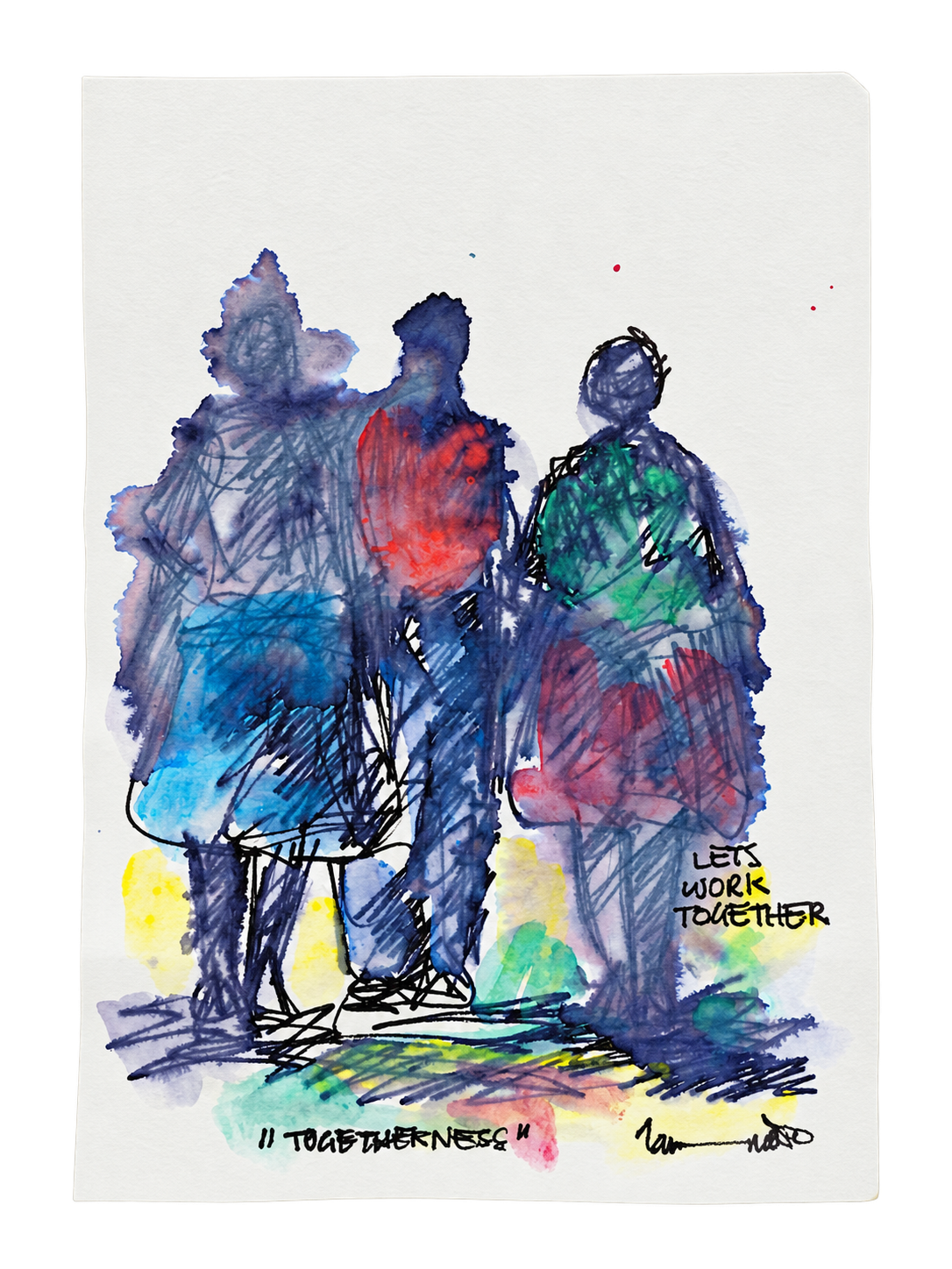 Thando Ngwenya original artwork titled Togetherness depicting three township figures with the words Let's Work Together