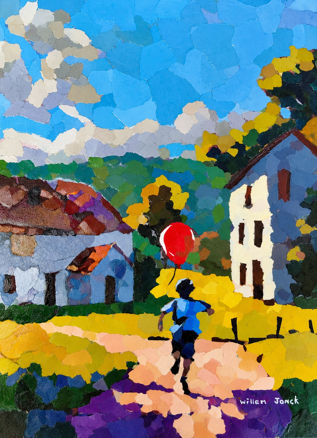 Willem Jonck original artwork featuring a child with a red balloon walking between colourful rural farm houses