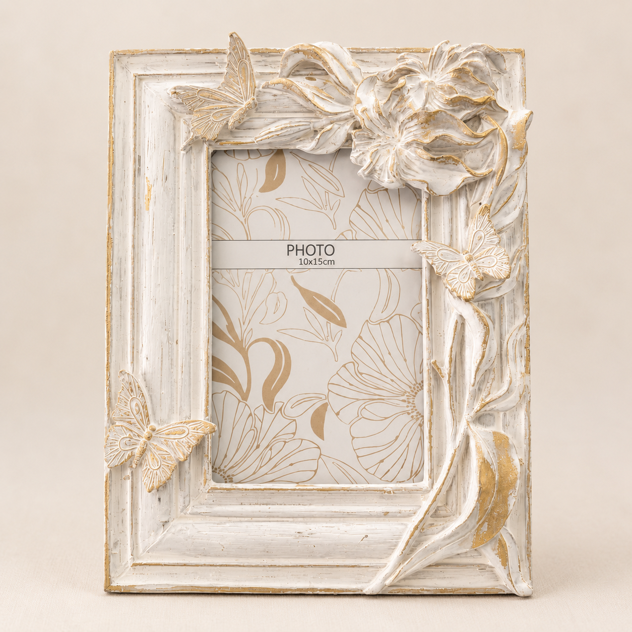 Ivory Floral Butterfly Photo Frame photographed on a warm beige studio background