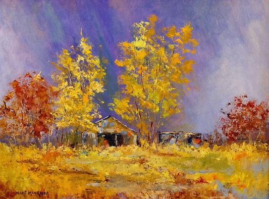 Golden Autumn Homestead Landscape Artwork