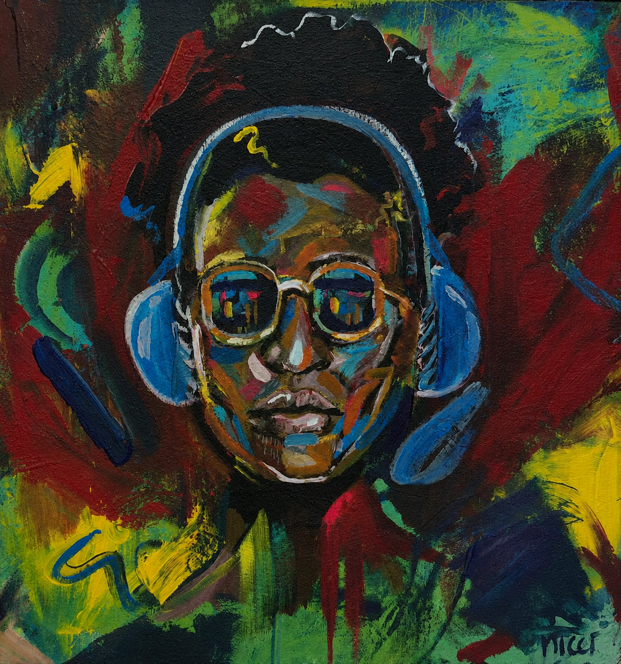 Original abstract portrait artwork featuring a figure wearing sunglasses and blue headphones against a bold colourful background.