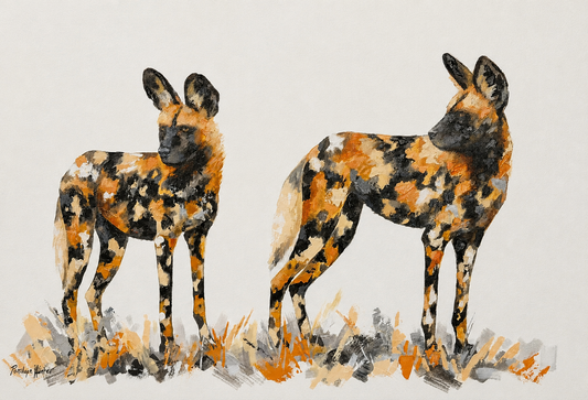 Original oil artwork featuring two standing African wild dogs with richly textured markings against a clean neutral background.