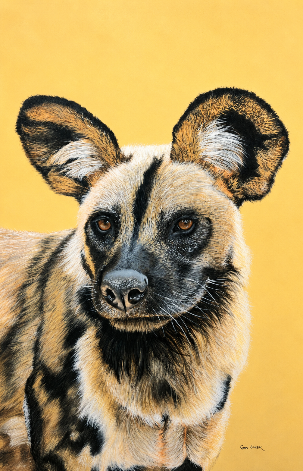 Gary Streak original oil artwork featuring an African wild dog portrait against a warm golden background.