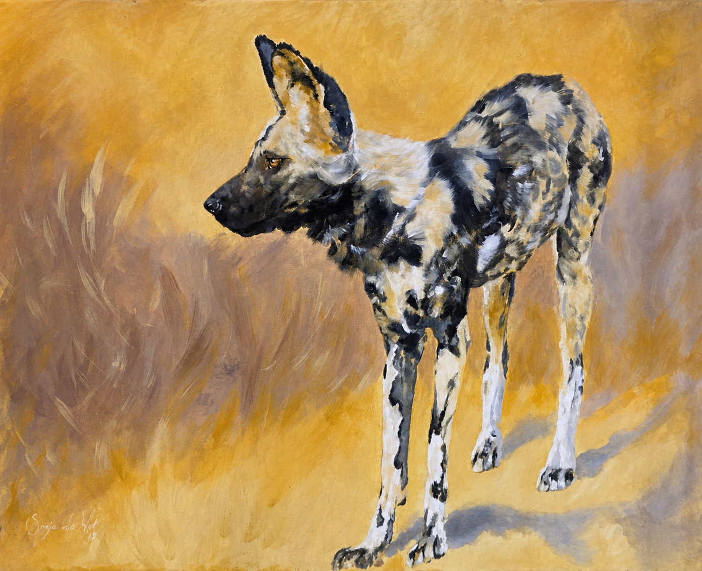 Original oil artwork featuring an African wild dog standing alert in a warm grassland setting.