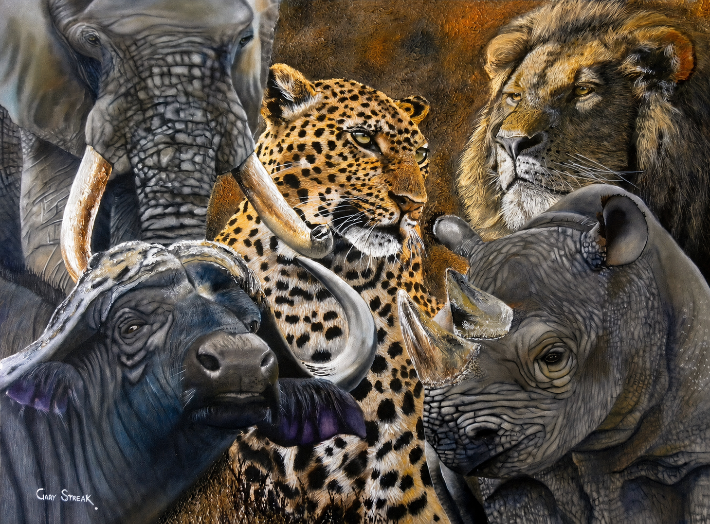 Original oil artwork featuring a dramatic African wildlife collage with an elephant, buffalo, leopard, lion and rhinoceros in rich earthy tones.