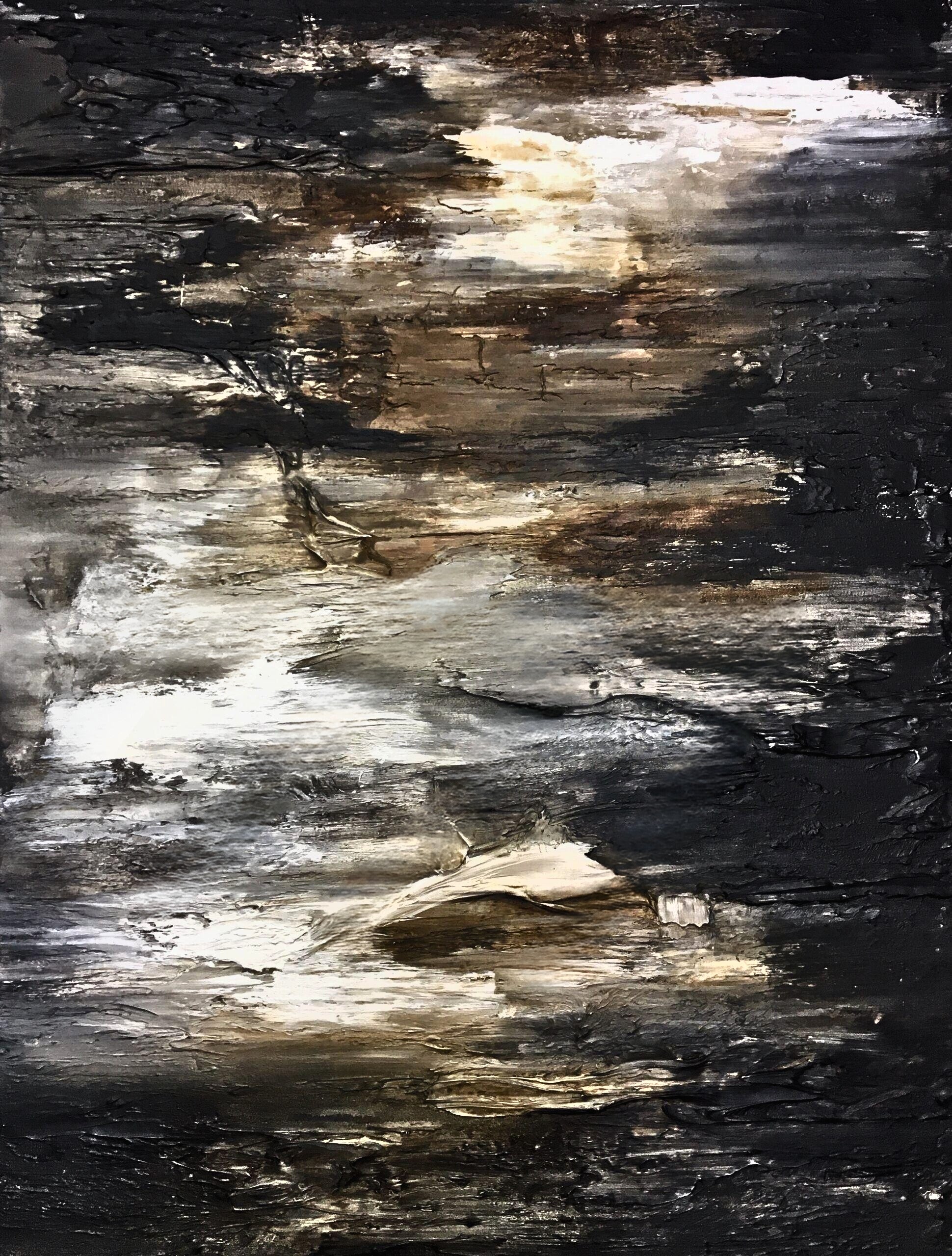 Mixed media painting of a tranquil coastal horizon with soft grey-blue water and pale sky, rendered in gentle, textured brushstrokes.