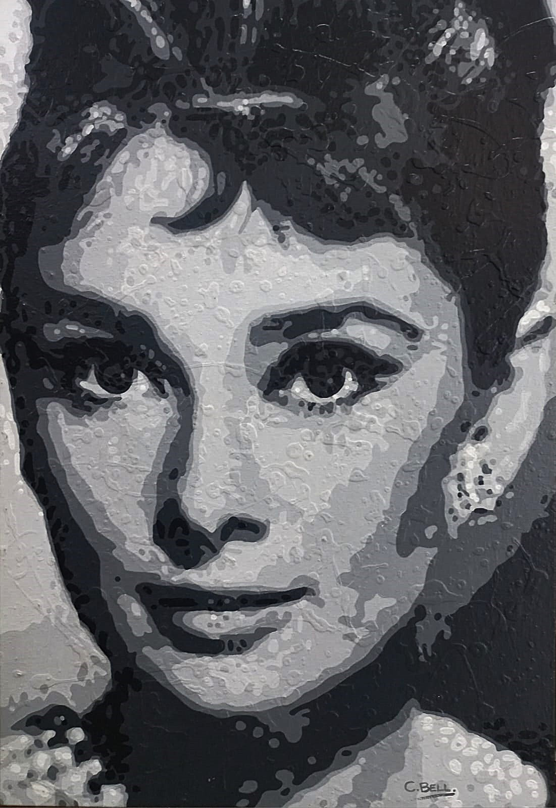 Black and white oil painting of Audrey Hepburn’s face, rendered in expressive brushstrokes with dramatic contrast and soft lighting.