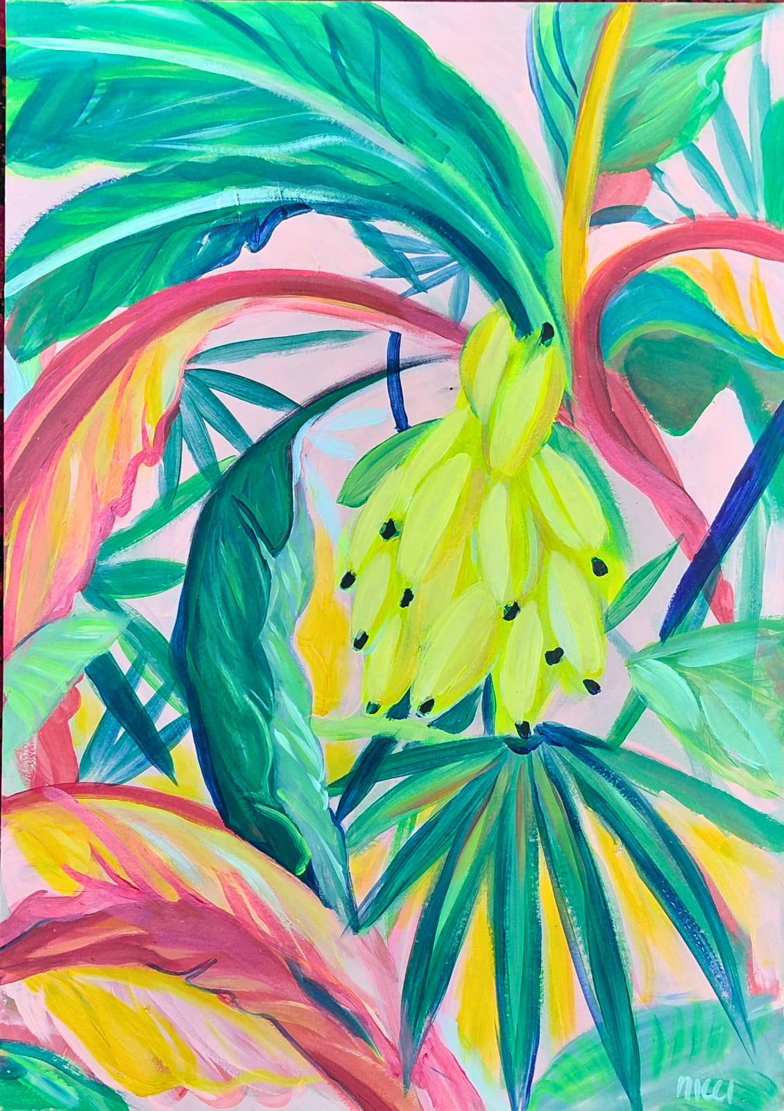 Acrylic painting of a banana plant with golden fruit and lush green leaves against a soft pastel background.