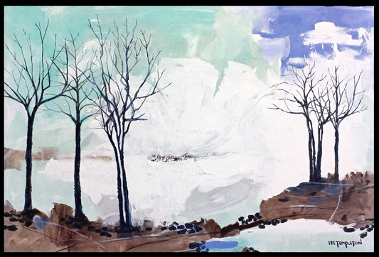 Lee Templeton original landscape artwork featuring bare trees, soft aqua skies and a quiet shoreline in an atmospheric composition.