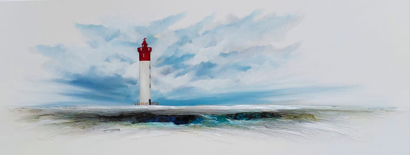Mixed media painting of a red-and-white lighthouse standing on a rocky outcrop, with textured sea and cloudy sky.