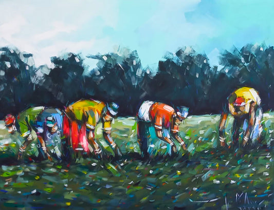 Acrylic painting of four women bent over working in a green field, wearing colourful clothing against a dark tree line.
