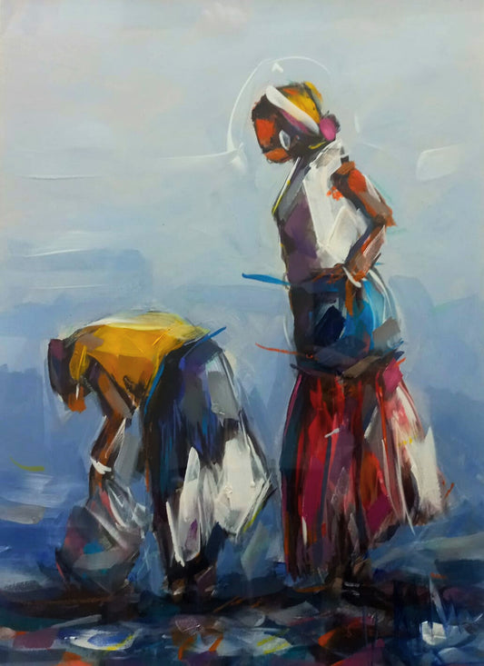 Expressive acrylic painting of two African women at work—one standing, one bending—with vibrant clothing against a soft blue background.