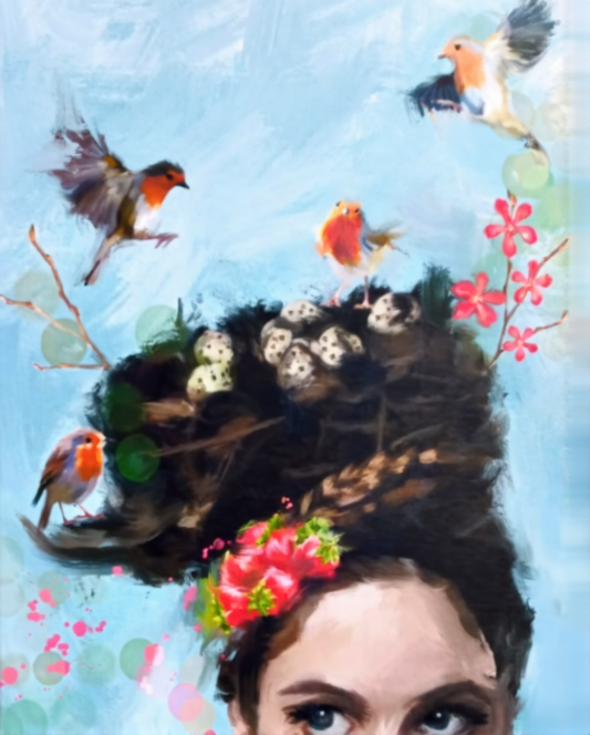 Whimsical surreal painting by Aimee Grautier of a woman’s face crowned with a nest, blooming flowers, and flying robins against a soft blue sky — enchanting fantasy art for nurseries, bedrooms, or imaginative spaces.