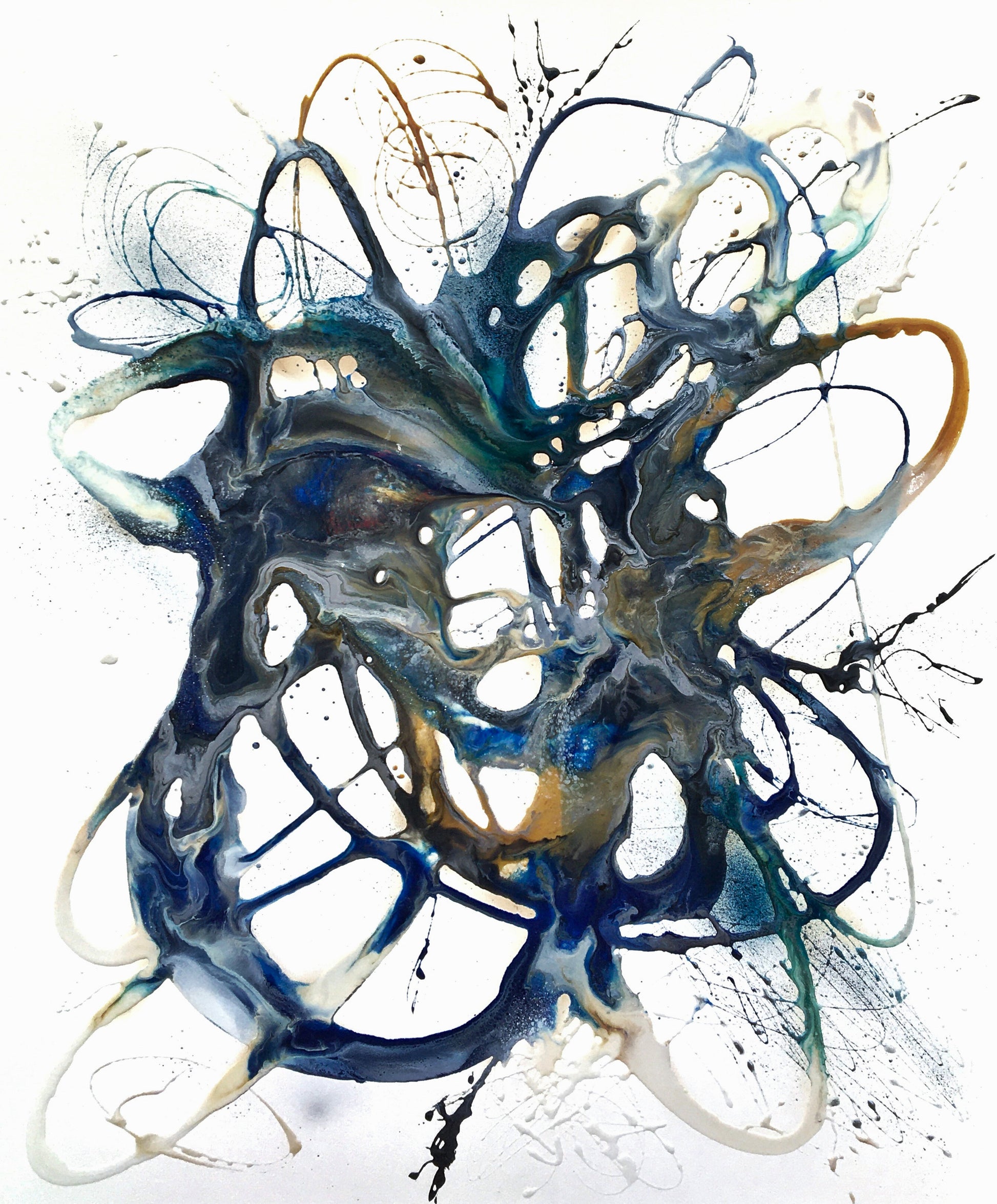 Vibrant mixed media abstract with explosive blue, green, and gold paint radiating from the centre against a white background.