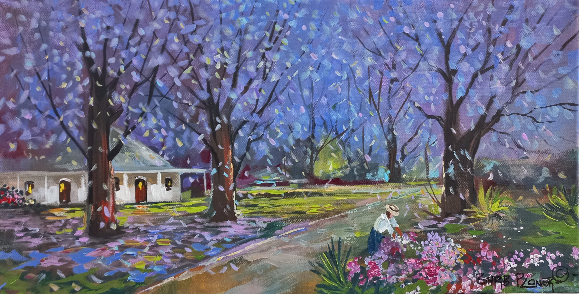 Oil painting of a spring garden with purple blossoms falling from trees, a white cottage in the background, and a person tending flowers under a soft sky.