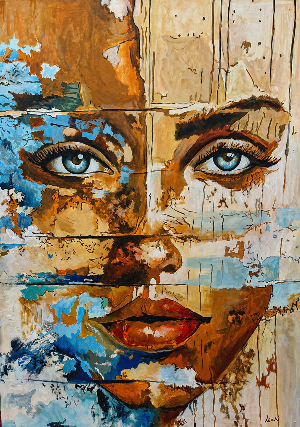 Contemporary abstract female portrait artwork with blue eyes, copper tones, and textured turquoise detail.