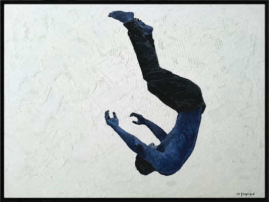 Lee Templeton original artwork showing a stylised blue figure suspended upside down in a dramatic falling pose against a pale textured background.