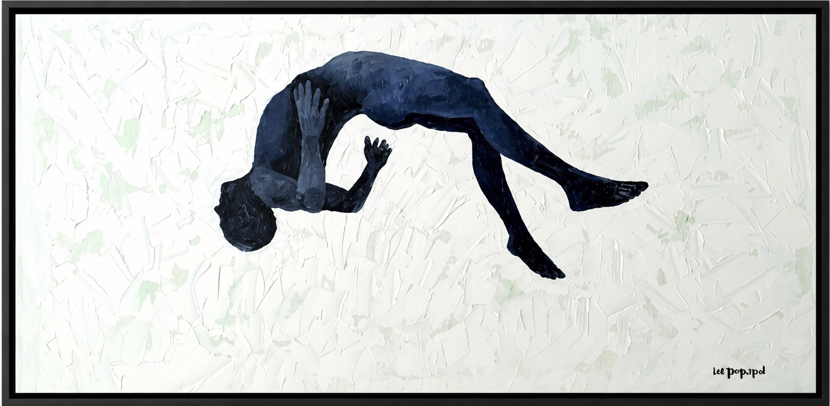 Lee Templeton original artwork featuring a floating stylised blue figure in a curved reclining pose against a textured pale background.