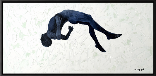 Lee Templeton original artwork featuring a floating stylised blue figure in a curved reclining pose against a textured pale background.