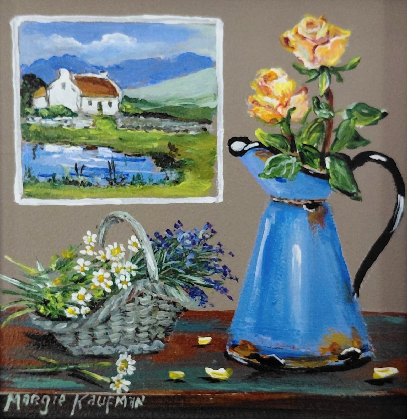 Oil painting of a blue pitcher with yellow roses, a basket of daisies, and a framed landscape of a cottage by a pond.