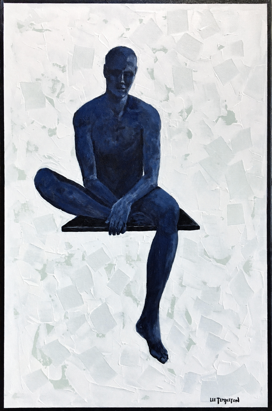 Lee Templeton original artwork featuring a seated stylised male figure in deep blue against a textured pale background.