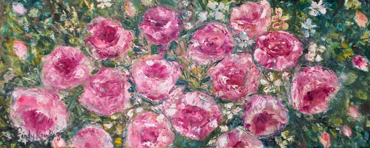 Vibrant oil painting of pink peonies in full bloom, surrounded by green leaves and hints of white flowers against a textured blue-green background.