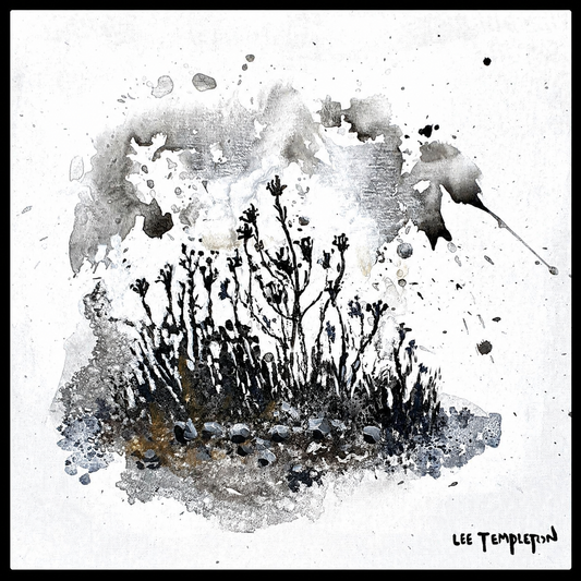 Lee Templeton original abstract botanical artwork with delicate silhouetted stems, monochrome splashes and expressive watercolour texture.
