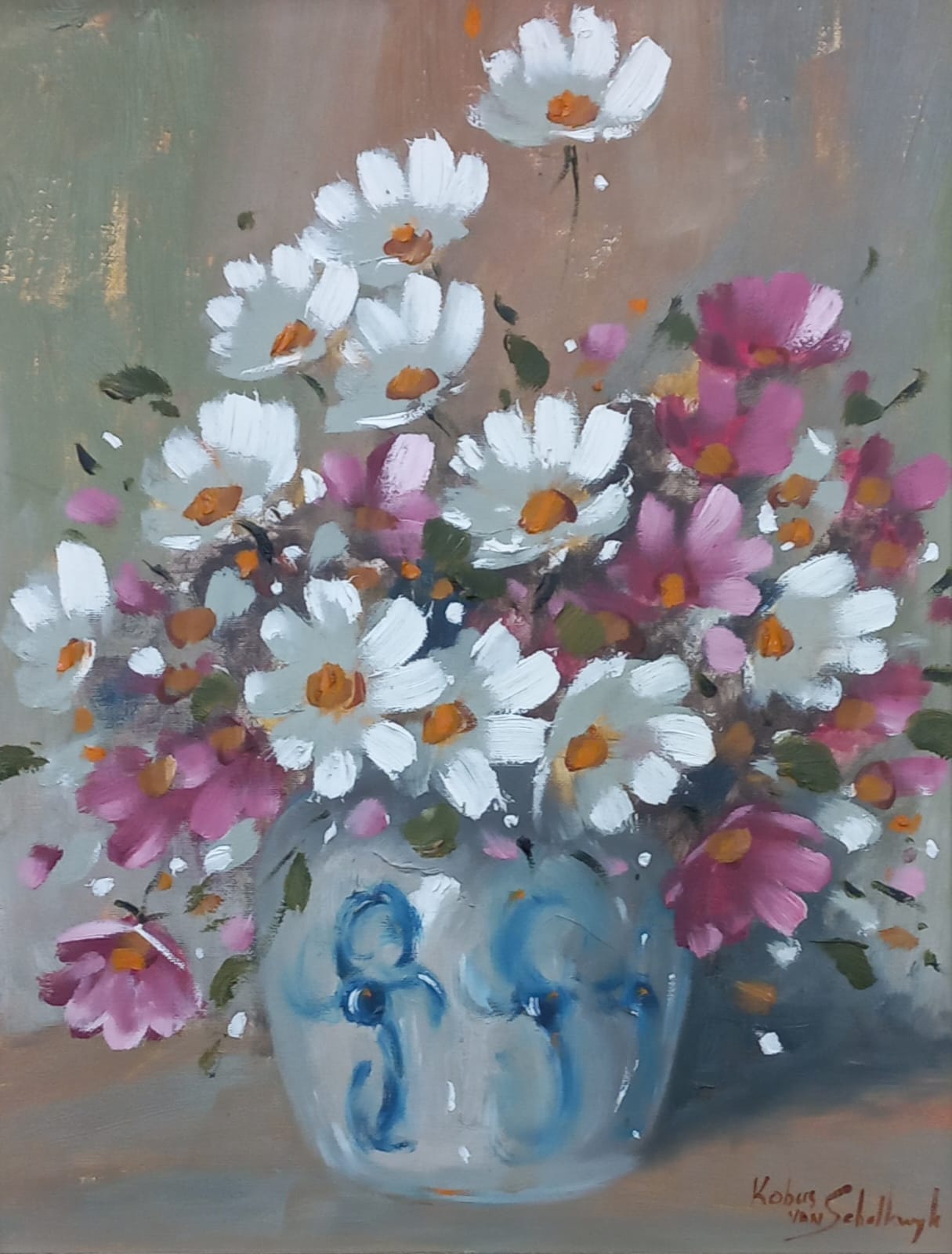 Oil painting of white daisies and pink cosmos in a blue-patterned vase, painted with expressive, textured brushstrokes against a soft grey background.