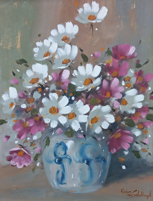 Oil painting of white daisies and pink cosmos in a blue-patterned vase, painted with expressive, textured brushstrokes against a soft grey background.