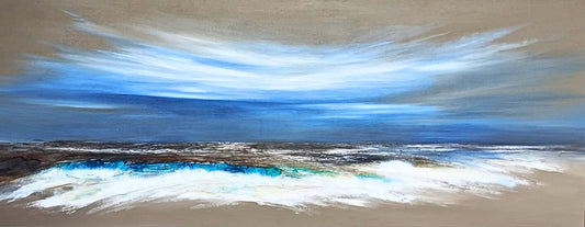 Mixed-medium painting of a tranquil coastal horizon with soft blue-grey water and sky, rendered in gentle, textured brushstrokes.
