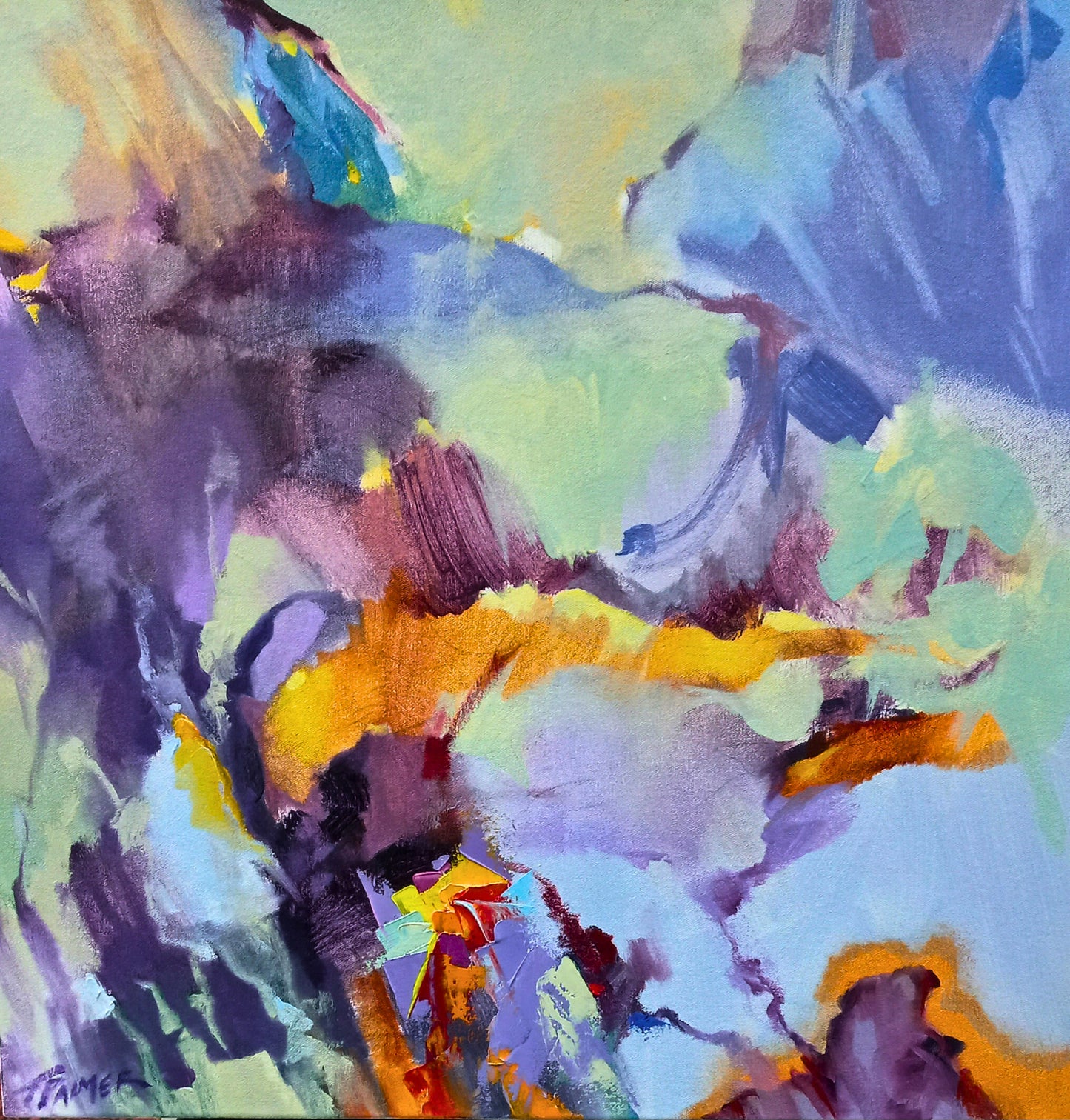 Gentle mixed media abstract with soft washes of lilac, sage, and gold, evoking misty veld or distant horizons.