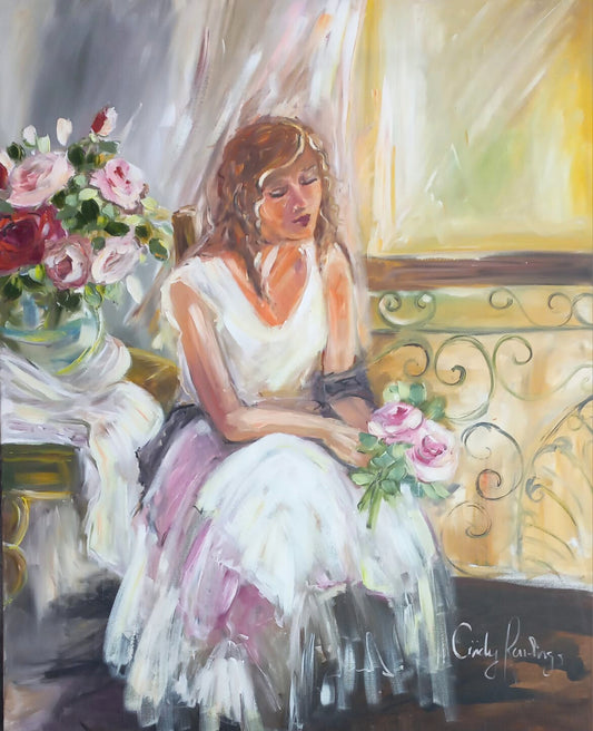 Oil painting of a bride in a white dress sitting beside a vase of roses, bathed in soft sunlight, with a delicate bouquet in her lap.
