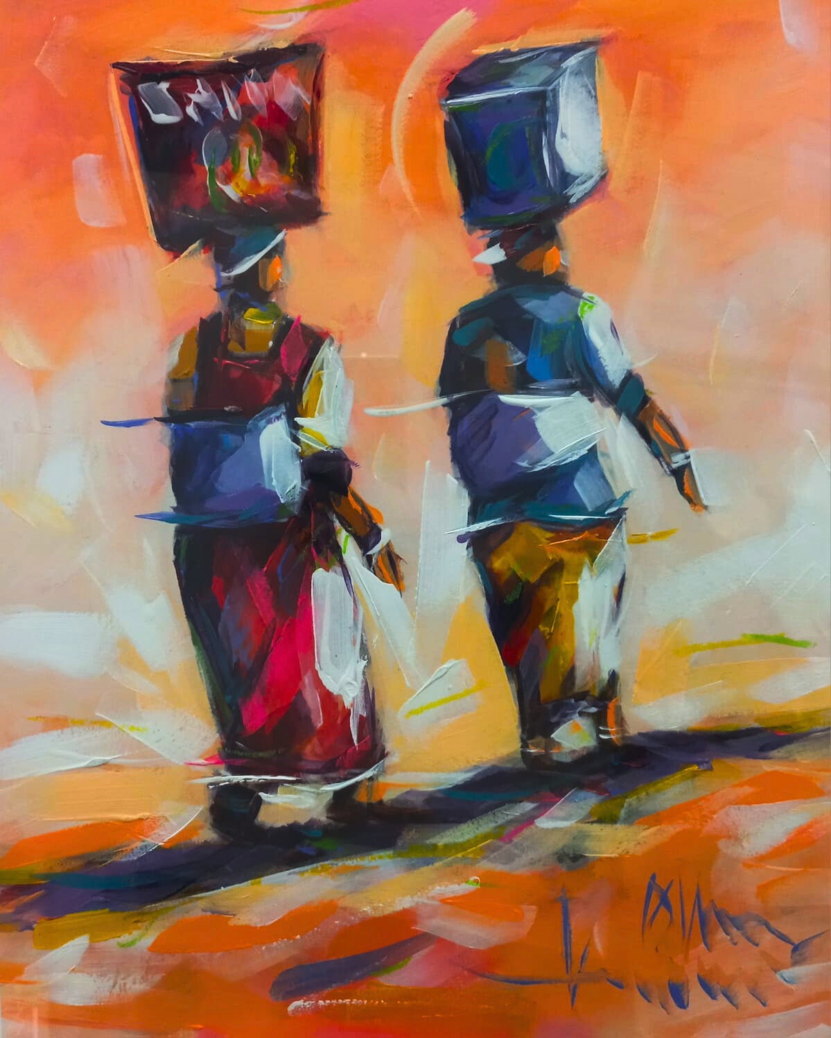 Acrylic painting of two African women walking with baskets balanced on their heads, dressed in colourful clothing against a warm orange sky.