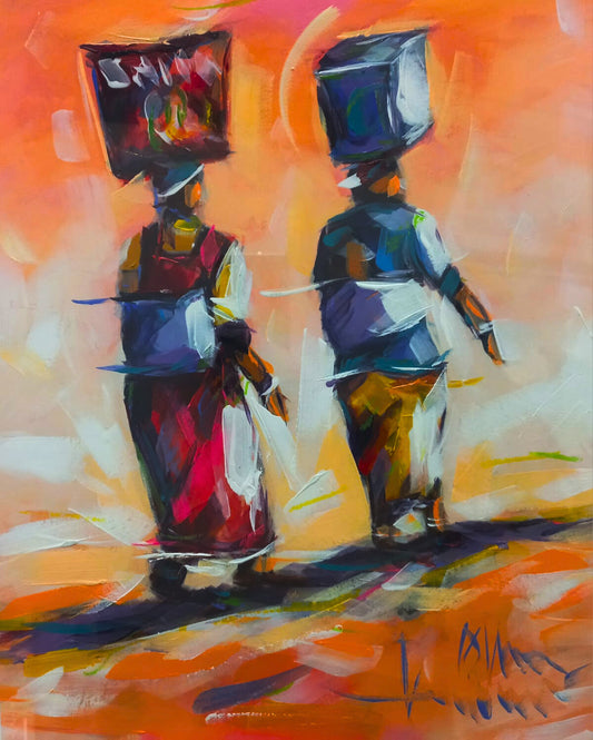 Acrylic painting of two African women walking with baskets balanced on their heads, dressed in colourful clothing against a warm orange sky.