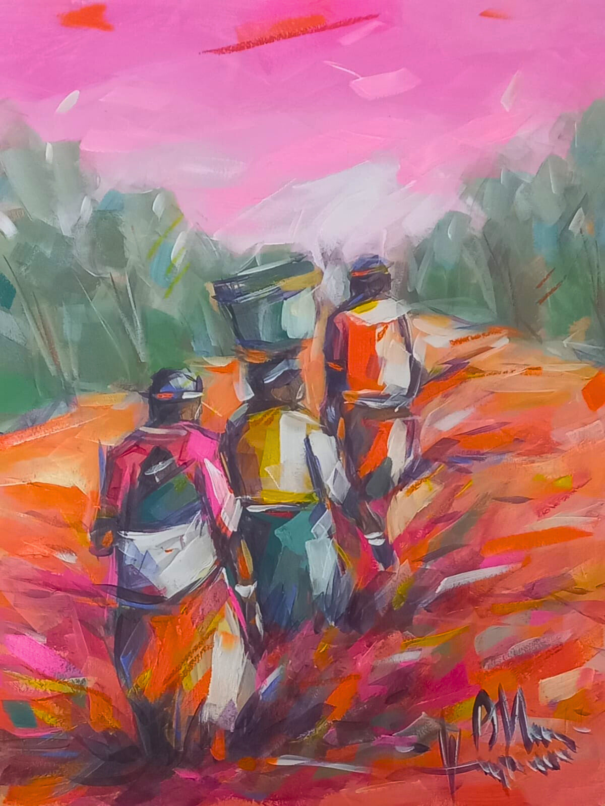 Colourful acrylic painting of three African women walking while balancing baskets on their heads, dressed in bright clothing against a pink sky.