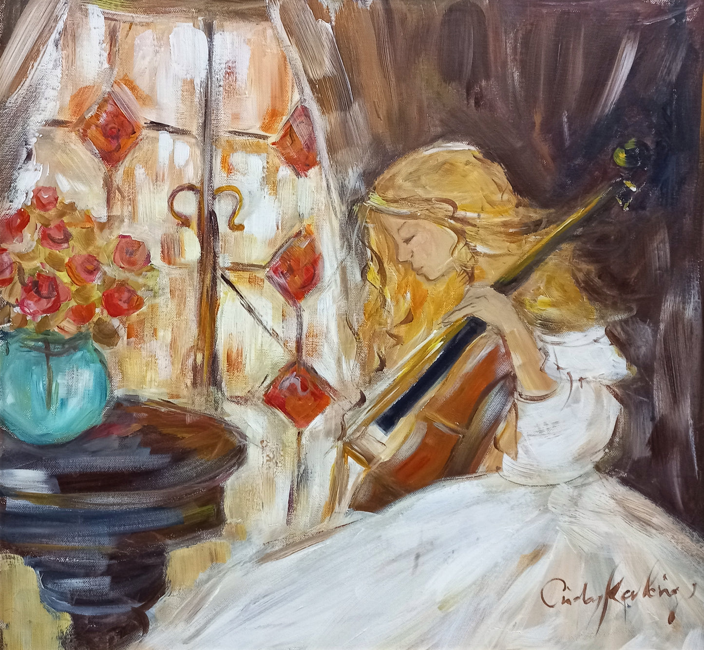 Oil painting of a young girl in a white dress playing the cello, with a vase of red roses beside her, bathed in warm, soft light.