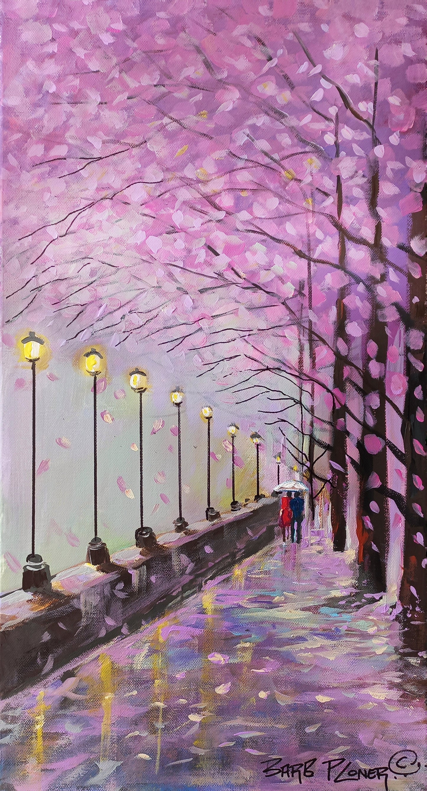 Oil painting of a romantic walkway lined with cherry blossom trees, pink petals falling, lampposts glowing, and a couple under an umbrella in the distance.