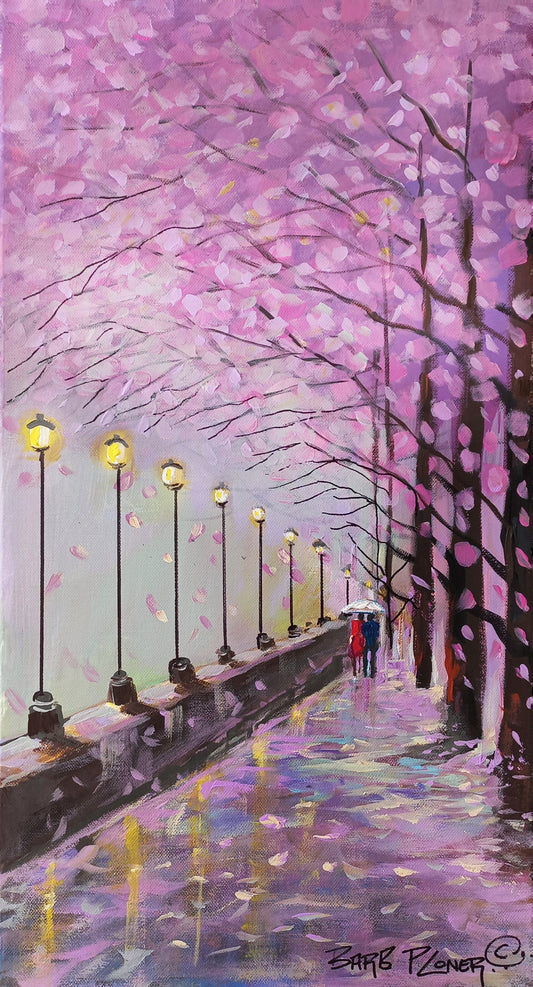Oil painting of a romantic walkway lined with cherry blossom trees, pink petals falling, lampposts glowing, and a couple under an umbrella in the distance.