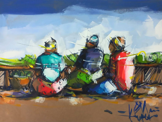 Acrylic painting of three women sitting close together, wearing colourful clothing, against a soft blue sky and green foliage.