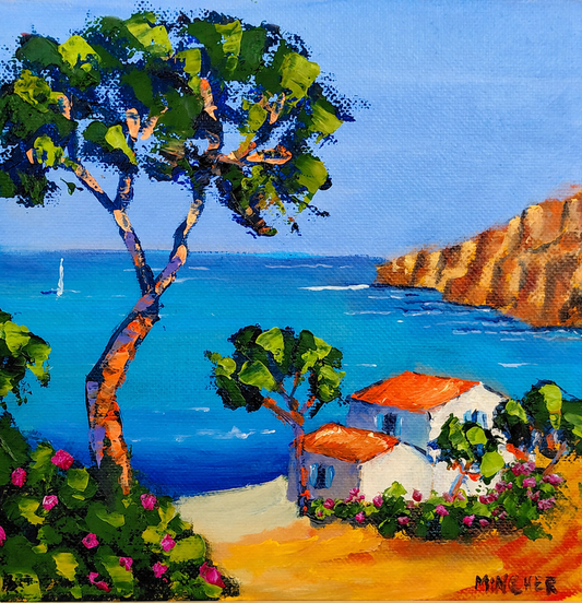 Bright clifftop coastal village artwork with white houses, terracotta roofs, blue ocean, trees, and flowers.