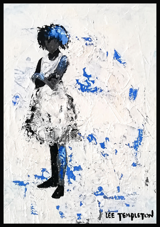 Lee Templeton original artwork featuring a stylised female figure in a white dress with cobalt blue accents and textured abstract detail.