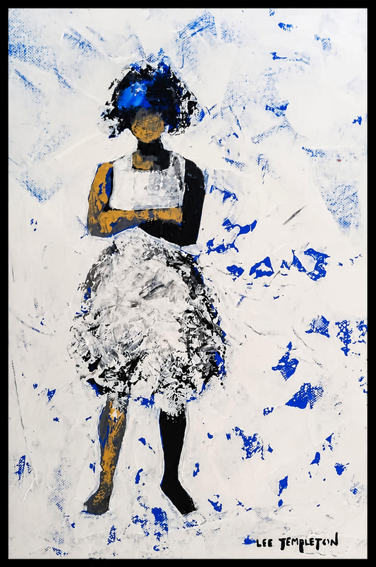 Lee Templeton original artwork of a stylised female figure in a white dress with crossed arms, cobalt blue accents and textured detail.