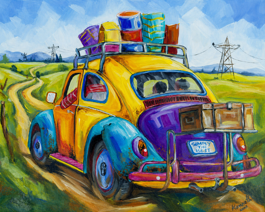 Colourful artwork of a vintage Volkswagen Beetle driving through countryside with luggage on the roof.