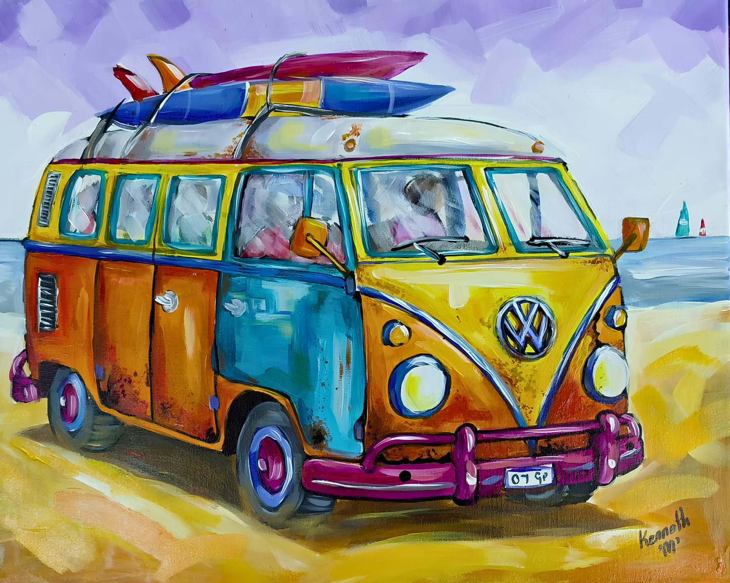 Colourful coastal artwork of a vintage Kombi on the beach with surfboards, sailboats and bold yellow, turquoise and magenta tones.
